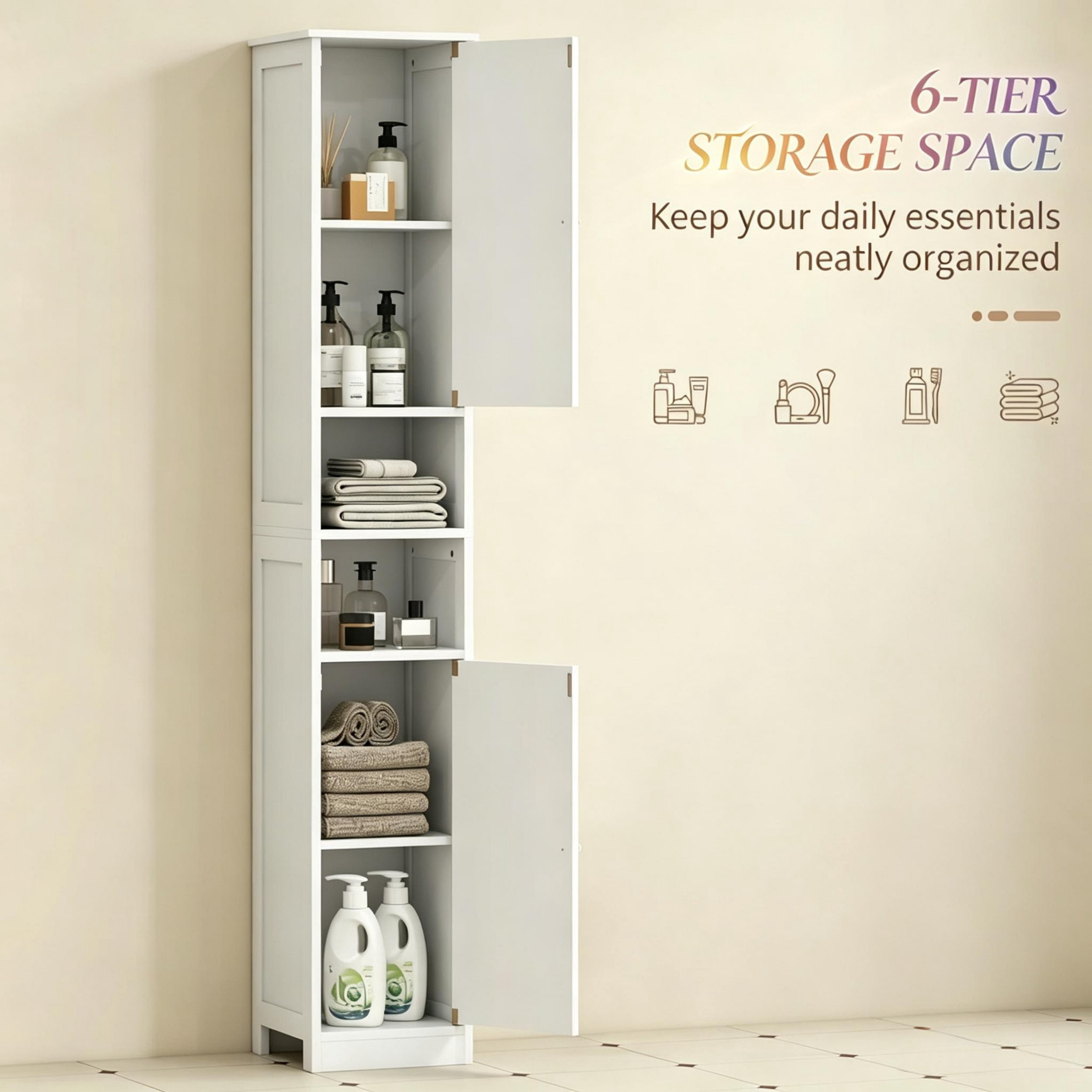 Bathroom Organizer with Enclosed & Open Compartments,Tall Bathroom Storage Cabinet,Slim Floor-Standing Bathroom Cabinet