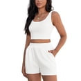 thumbnail image 4 of Conjunto ATHLECHIC para mujer, 2 piezas, tops cortos de punto acanalado y pantalones cortos con bolsillo, color blanco, 4 of 5