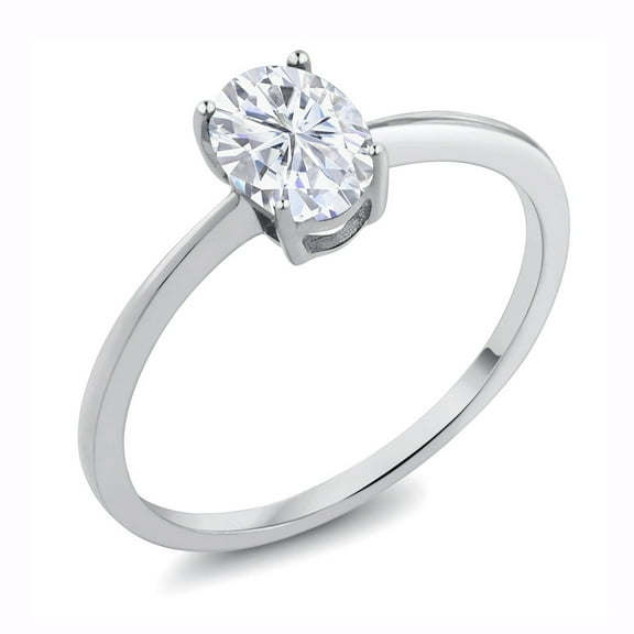 Gem Stone King 10K White Gold White Moissanite Solitaire Engagement Ring | 0.90 Cttw | Oval 7X5MM | Gemstone Birthstone | Wedding Engagement Anniversary Promise Ring for Women (Size 5)