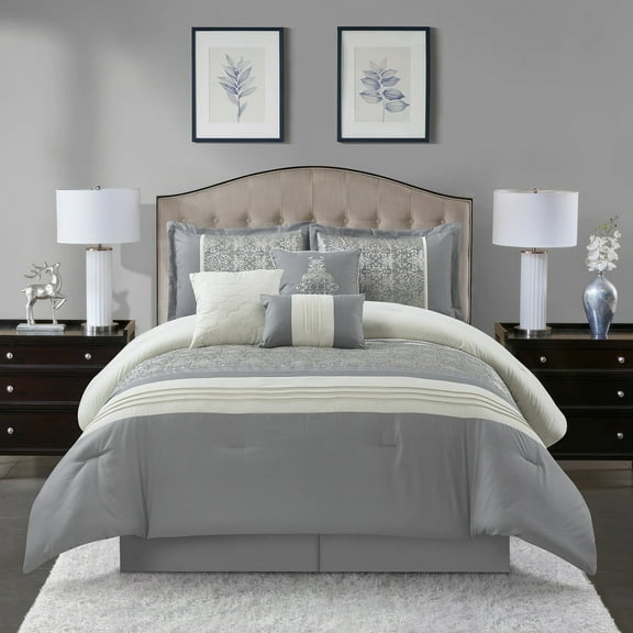 Nanshing Marley 7 Piece Damask Comforter Set , Grey , King Size , Jacquard with matching solid piece work