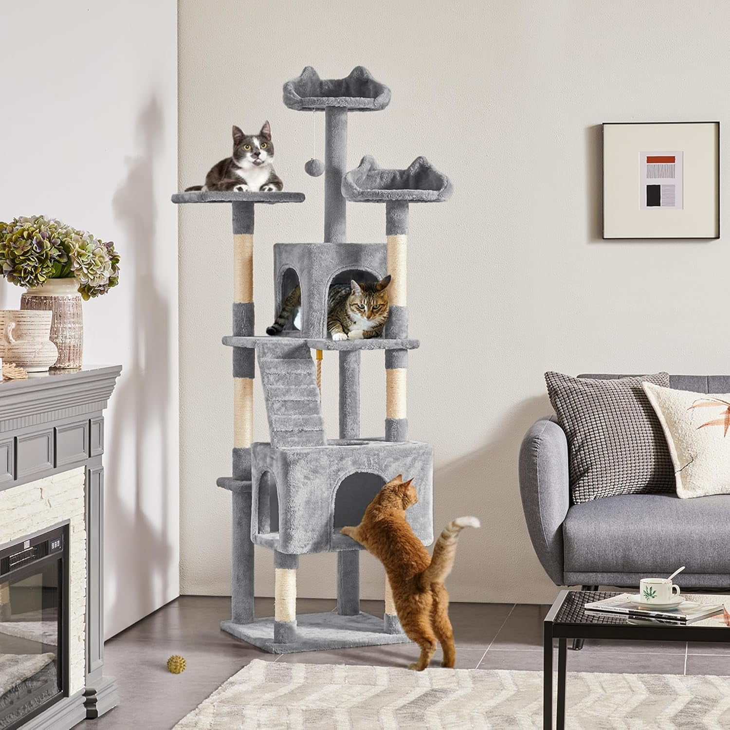 ZYPPP  XL Cat Tree, 72in Multi-Level Cat Tower with 2 Cozy Caves, 3 Soft Perches, Scratching Posts, Board, and Dangling Ball, Pet Furniture Play House for Kittens/Cats, Light Gray
