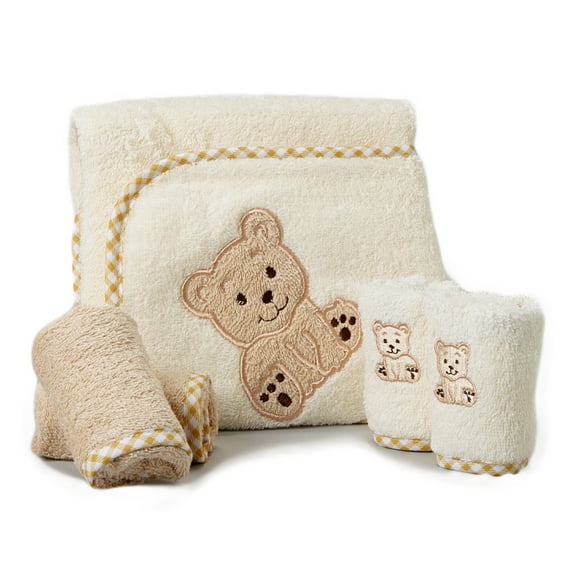 Spasilk Baby Cotton Terry Hooded Towel & Washcloth Bath Shower Set for Newborns and Infants, 5 Piece Set, Brown Bear