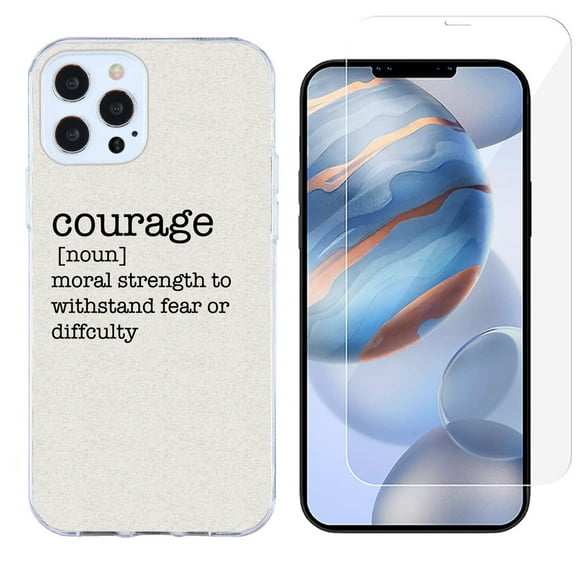 Slim-Fit Protective Phone Case compatible with iPhone 12 Pro Max, with Tempered Glass Screen Protector, by OneToughShield ® - Dictionary/Courage