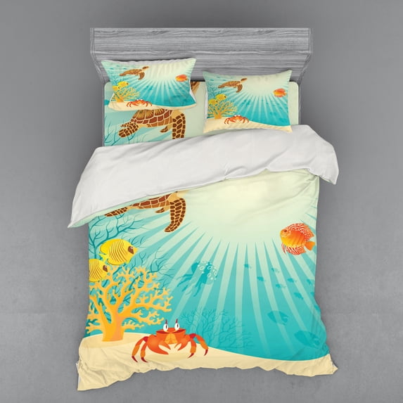 Ambesonne Fish Bedding Set 4 Pcs, Tropical Animals Cartoon, Queen, Multicolor