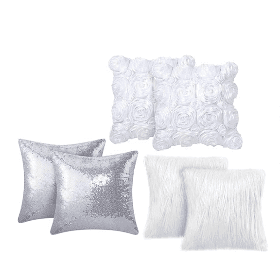 6 Pcs Decorative 3D Rose Flower Pillow Cover, 16 x 16 Inch Faux Fur Throw Pillow Covers for Bed Square Sofa Bedroom Car(White, Silver)