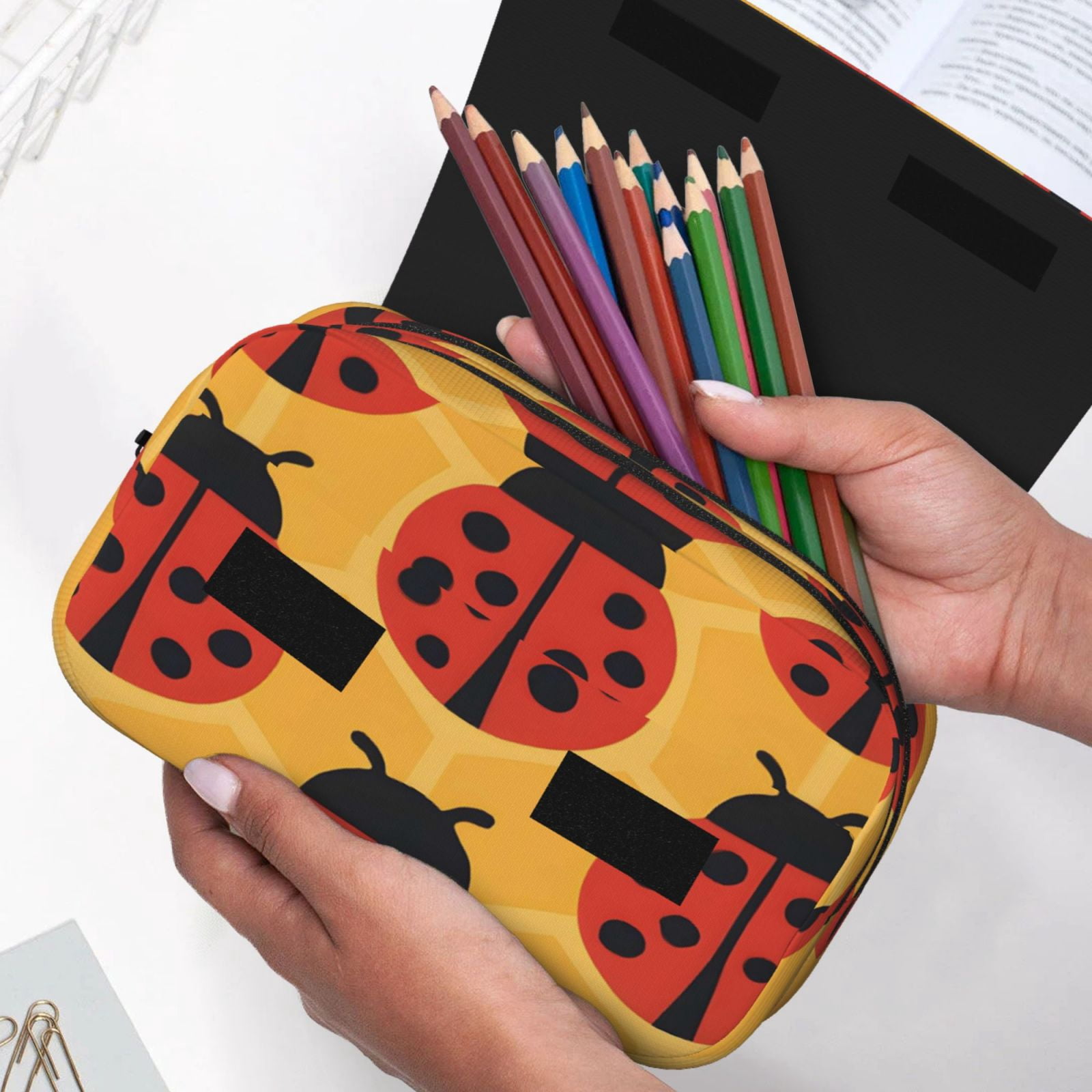 Large-Capacity Flip-Top Double-Layer Pencil Case, Multi-Functional Pocket Pen Case, Durable Stationery Organizer Ladybug On An Orange Background