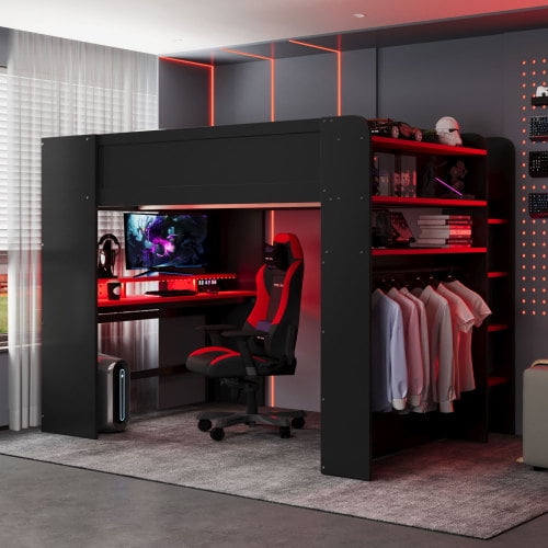 MINESTIA Full Size Gaming Loft Bed with Height-Adjustable Desk, Wooden Loft Bed Frame with RGB Light & Wardrobe for Teens, Adults