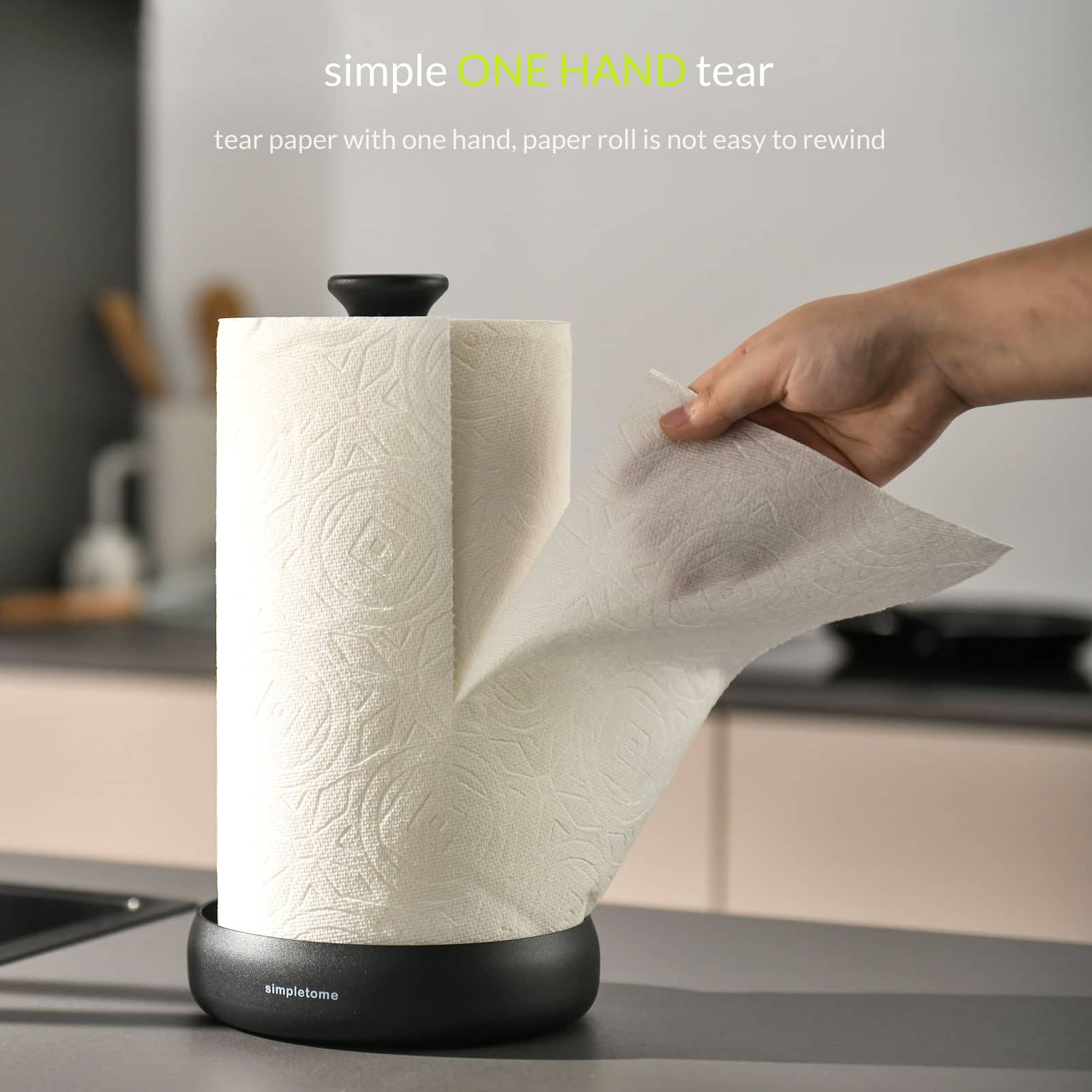 simpletome Paper Towel Holder Countertop ONE HAND Tear Keep It Rolled Up Weighted Base