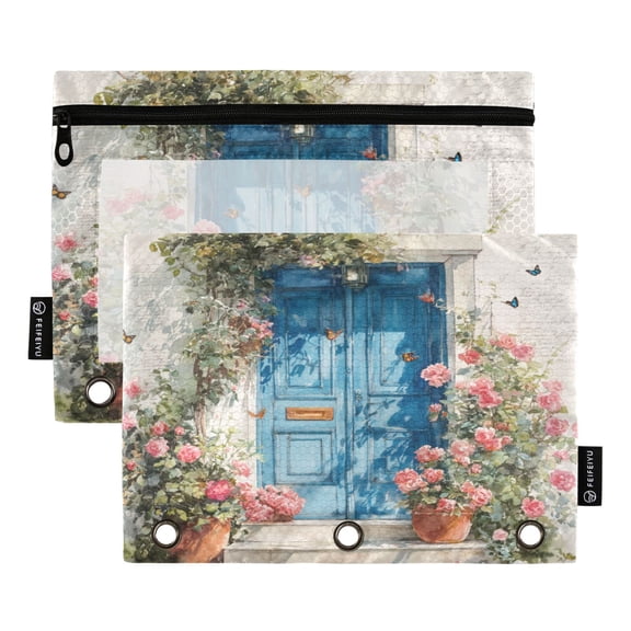 2 Pack 3 Ring Binder Pouch with Clear PVC Window Water Resistant Zipper Pencil Pouch Blue Door with Pink Roses Binder Pocket for Classroom Office Home Stationery Organization