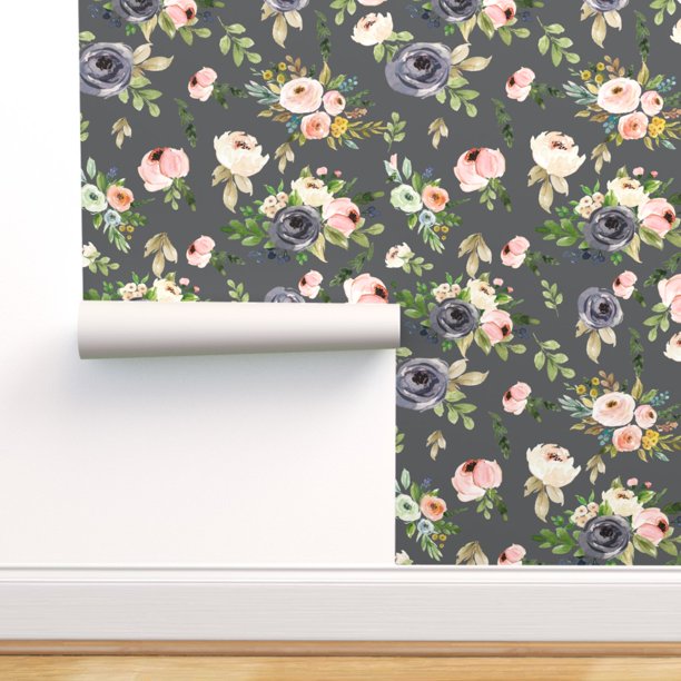 Peel & Stick Wallpaper 3ft x 2ft - Gray Floral Blooms Watercolor
