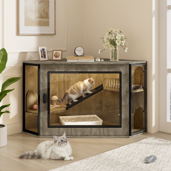 LuckyNote 48" Corner Cat Litter Box Enclosure, Modern Hidden Litter Cabinet with Acrylic Door & LED Light, Cat House with Playground Stairs