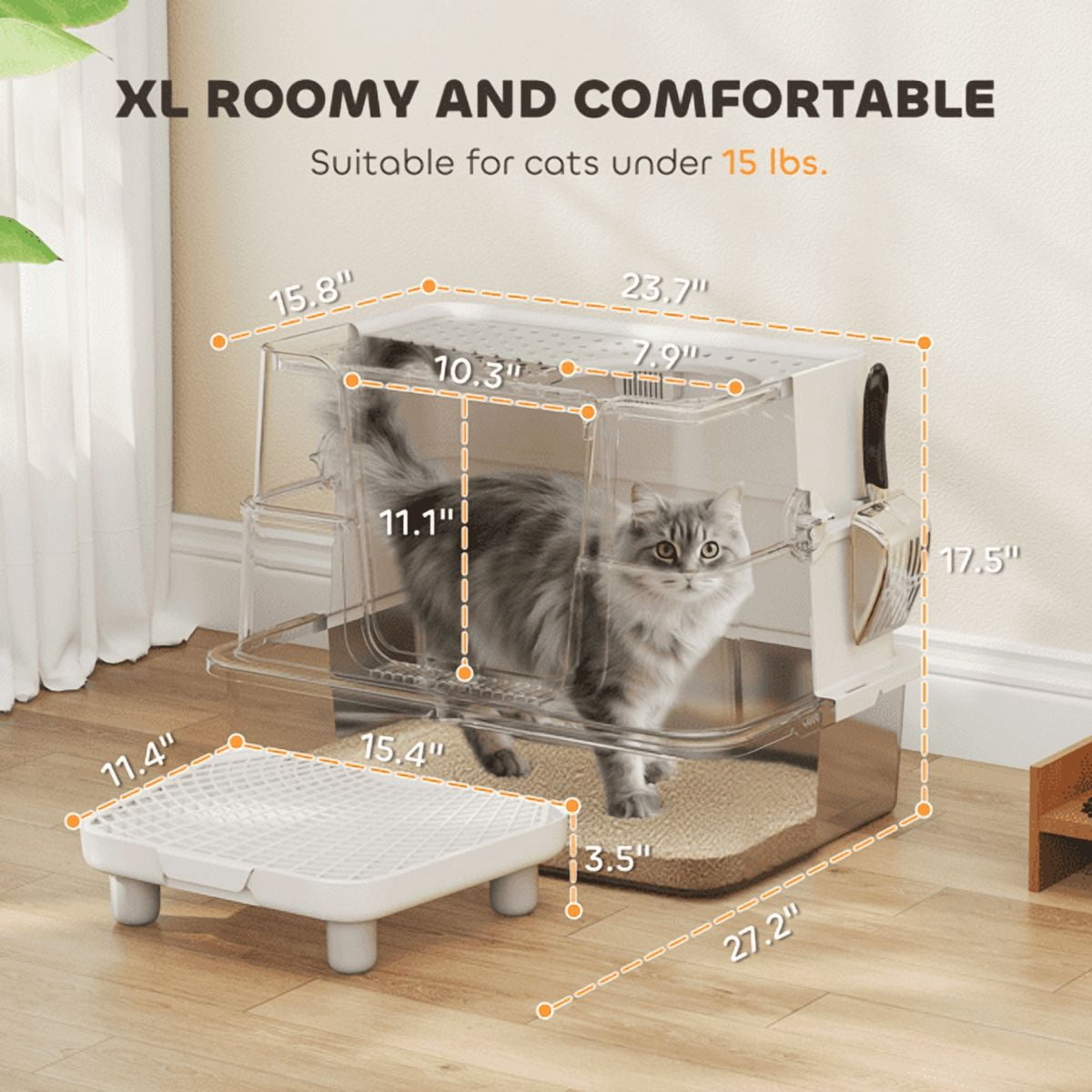 XL Stainless Steel Enclosed Litter Box for Large Cats, 3-in-1 Odor Control Cat Litter Box with Non-Stick Scoop