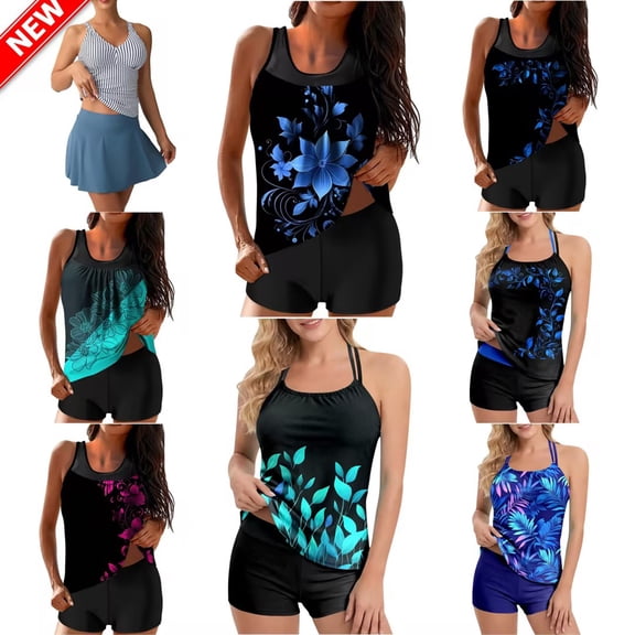 YABCSAZ Women 2 Piece Tankini Swimsuits, Floral Printed Modest Bathing Suit, Crew Neck Swimwear with Sporty Swim Shorts Pockets