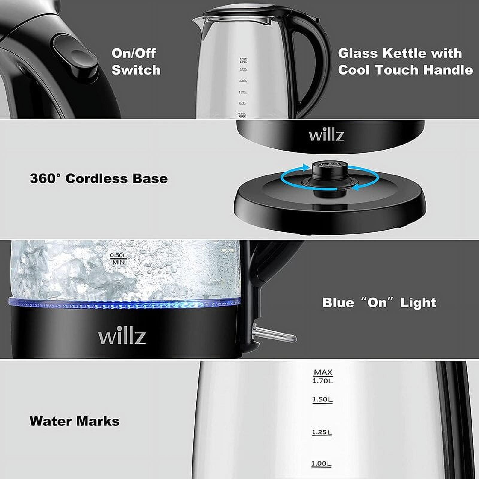 Willz Electric Glass 1.7L 1500W Kettle with Heat Resistant Handle and Quick Boil Technology in Black