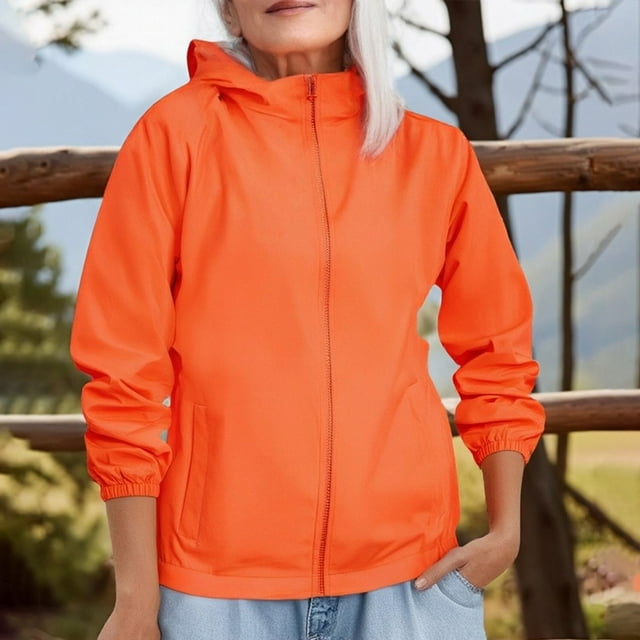 Baberdicy Veste Coupe-Vent Unie pour Femmes, Manteau de Randonnée à Capuche, Veste Coupe-Vent à Capuche, Coquille de Randonnée Extérieure, Manteau de Montagne Orange 5TG