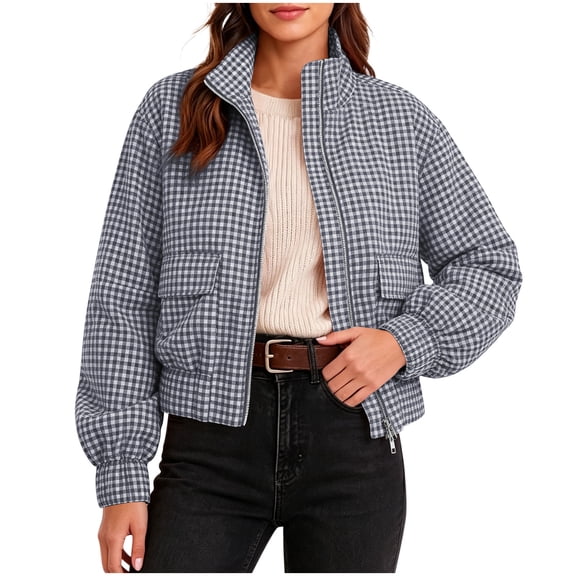 Aswuknt Womens Gingham Cropped Jacket Long Sleeve Zip Up Casual Plaid Coat Fall Bomber Jackets