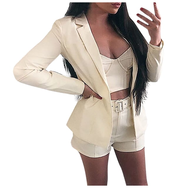 Ladies Workoffice Blazer Lapel Notched Elegant Cardigan Solid Color Fitted Suit Single Breasted Blouse Button Down Fashion Jacket Mid Length Leisure Outwear