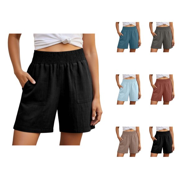 Linen Shorts for Women Summer Casual Lightweight Elastic High Waist Wide Straight Leg Loose Beach Shorts with Pockets
