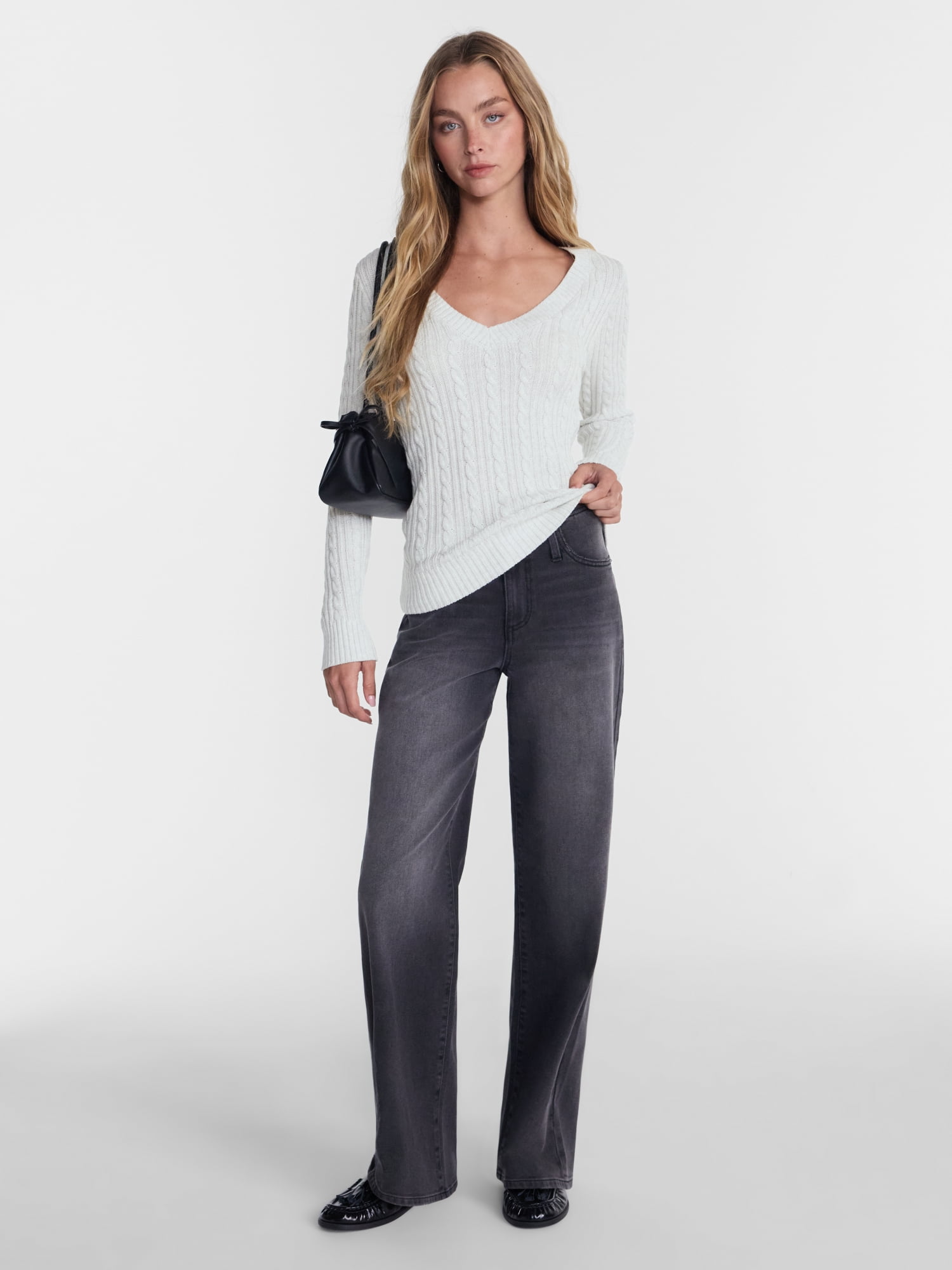 No Boundaries V Neck Cable Sweater, Women's and Women's Plus XXS-4X
