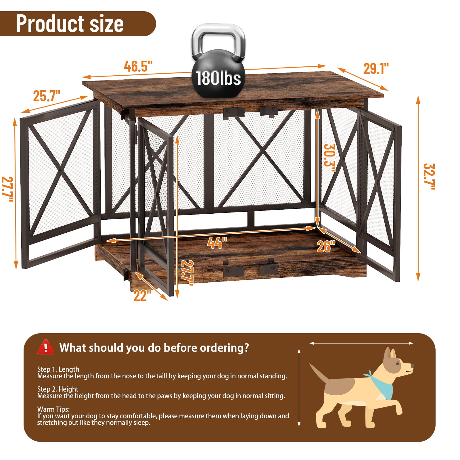 48 inch Extra Large Dog Crate Furniture,Double Door Indoor Kennel,End Side Table Wooden Dog Crates,Anti-Chew Anti-Escape, Wood