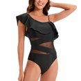 thumbnail image 6 of Lovzfmll One Piece Swimsuits for Women Crew Neck Solid One Shoulder Ruffle with Removable Pads, Dressy Spaghetti Straps Push-Up Open Back Slimming Bathing Suit, Black S, 6 of 9