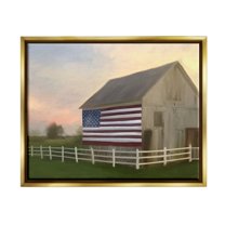 Stupell Industries American Flag Rural Barn Sunset Farm Landscape Painting Metallic Gold Floating Framed Canvas Print Wall Art, Design by Amy Hall
