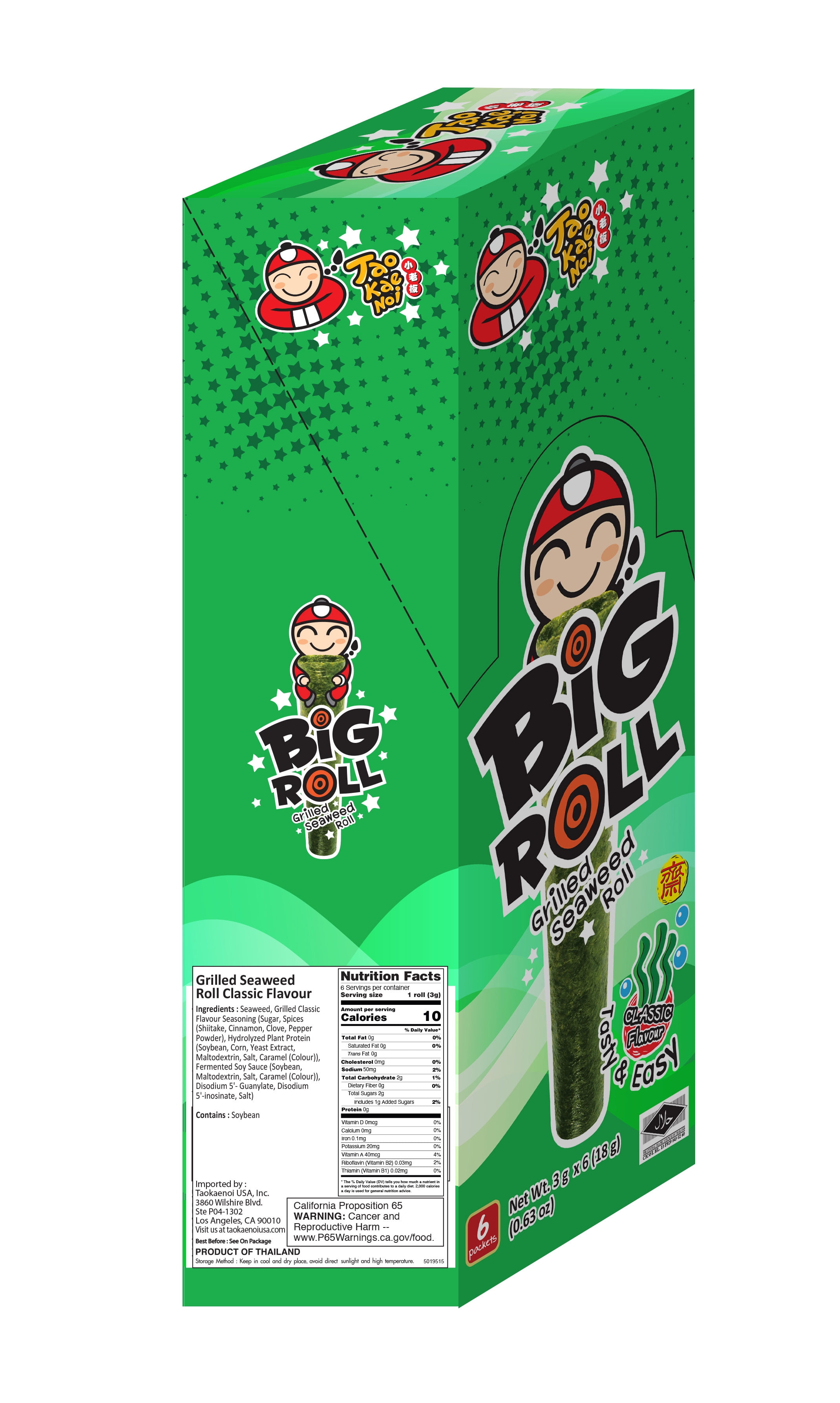 Tao Kae Noi Classic Flavor Grilled Seaweed Roll Snack, 0.63 oz, 6 Count Box