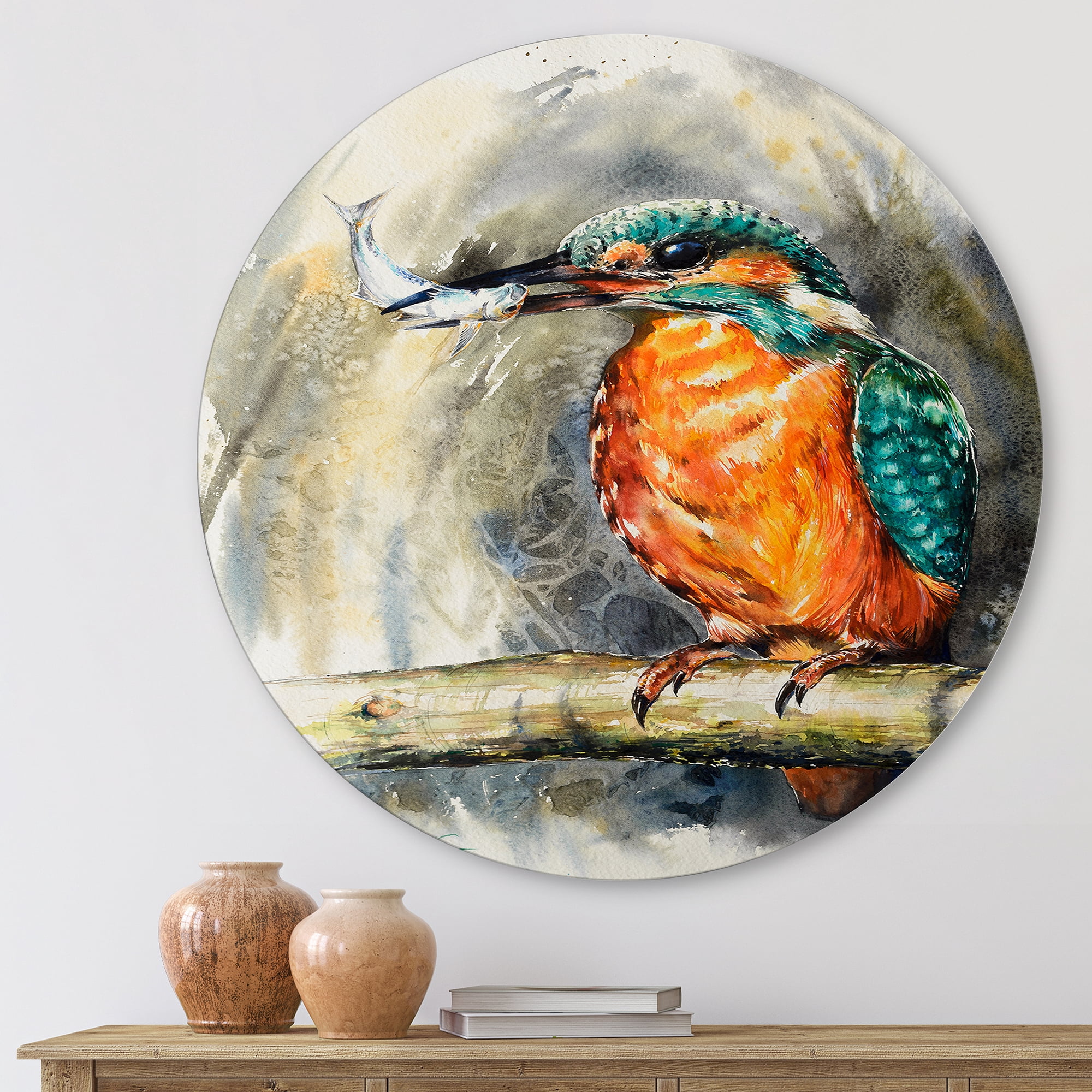 Designart 'Common Kingfisher On Branch Eating A Small Fish' Traditional Circle Metal Wall Art 23x23 - Disc of 23