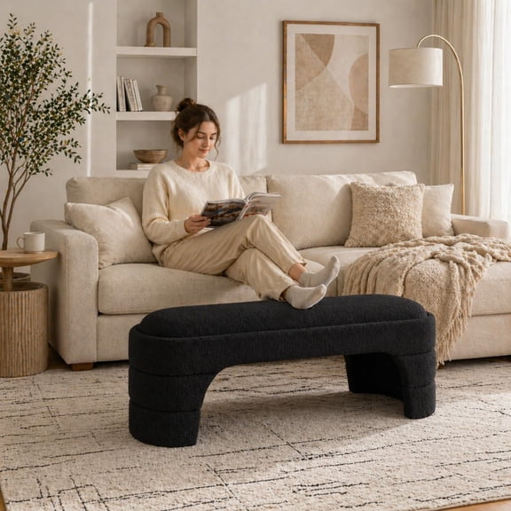 65” Upholstered Entryway Bench, Modern Teddy Fabric End of Bed Bench, Faux Fur Sherpa Ottoman Bench for Bedroom, Living Room, Dining, Window Seat (Black)