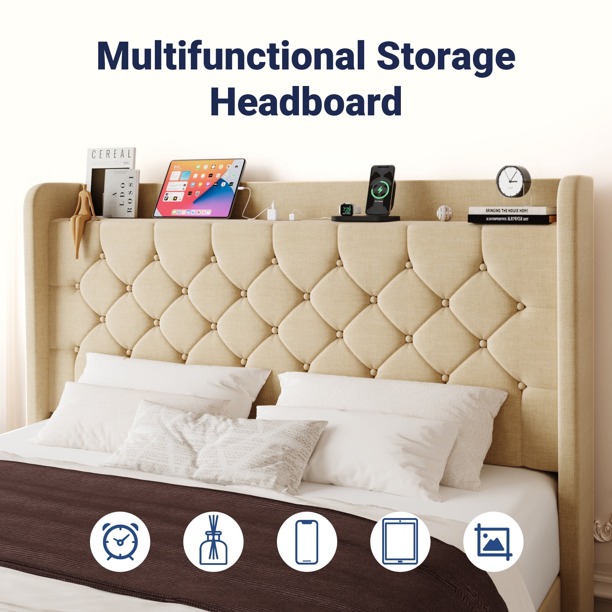 Allewie Full Size Bed Frame, Storage Headboard with Charging Station, Wingback Velvet Upholstered, Diamond Stitched Button Tufted, Sturdy Wooden Slats, No Box Spring Needed, Easy Assembly, Beige