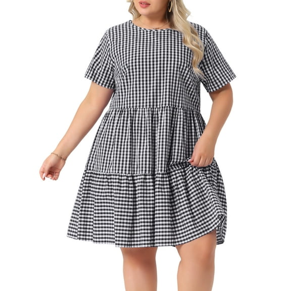 DARING DIVA Plus Size Plaid Round Neck Short Sleeve Midi Dress 1X Black