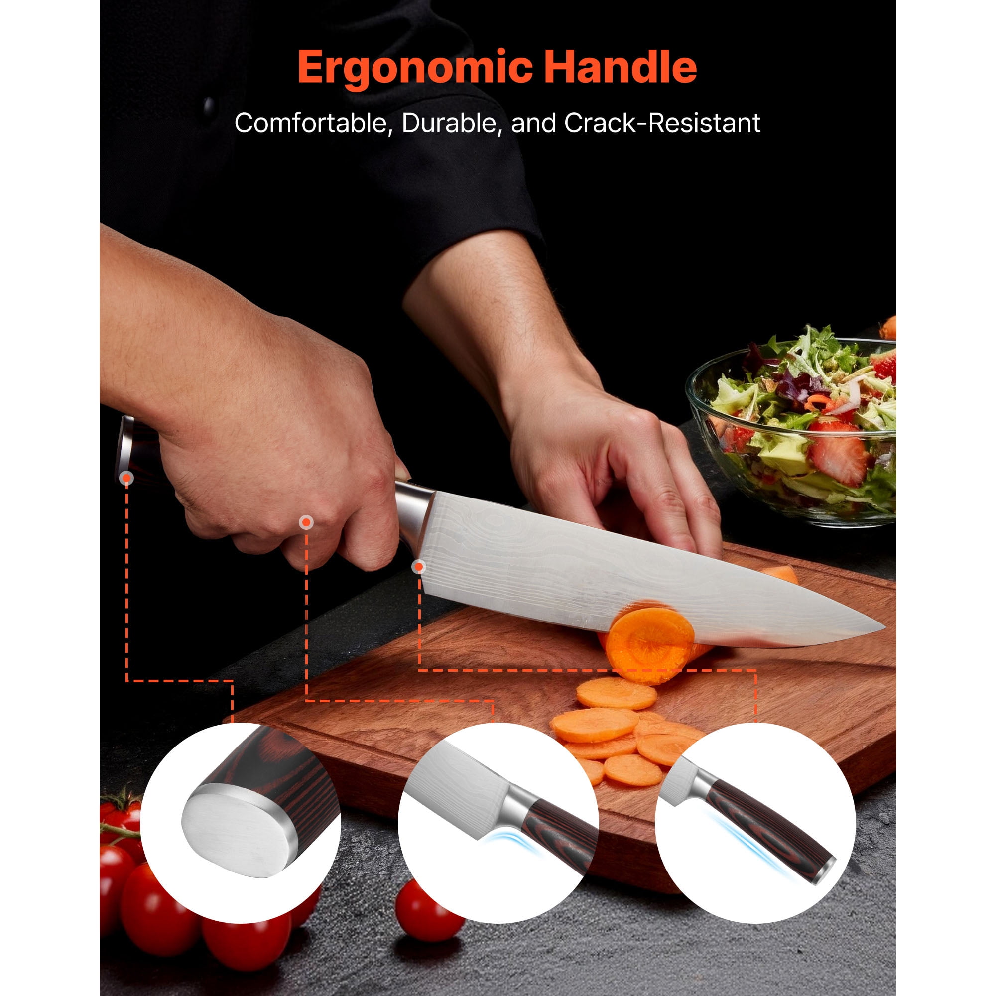 KFFKFF 15-Piece High Carbon Stainless Steel Knife Set with Wooden Block and Sharpener, Durable Kitchen Cutlery Featuring Ergonomic Handles, Rust-Resistant Design, Sharpening Rod, Ideal for Home Use
