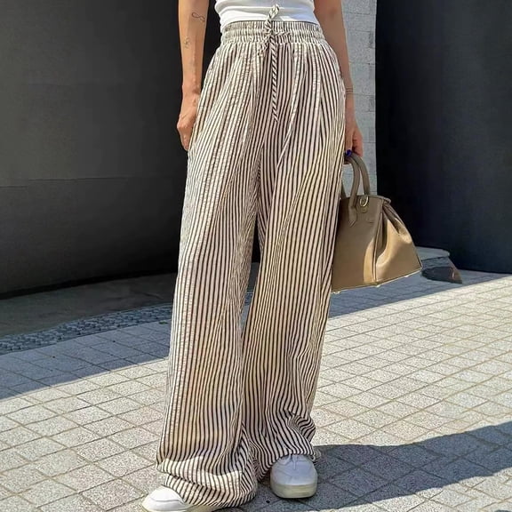 Women's Striped Casual Straight Leg High Waisted Loose Trousers, Wide Leg Pants for Women, Comfortable Office Casual Pants, Elastic Waist,Brown,S