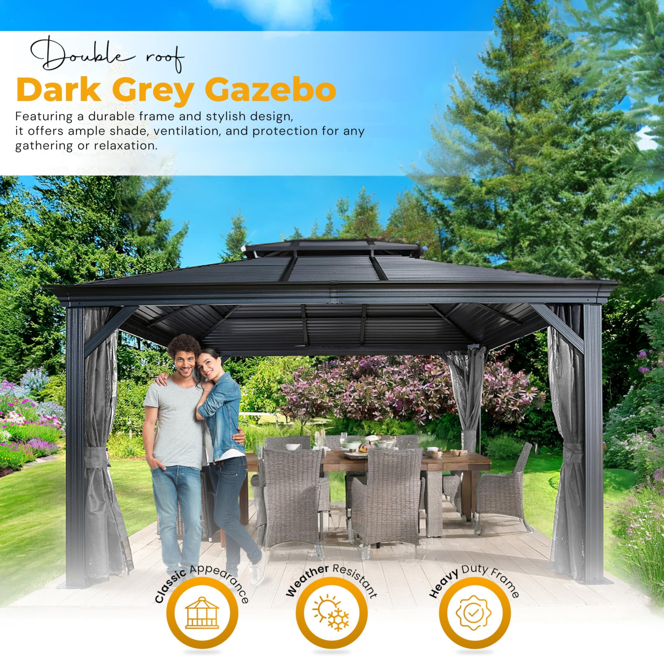 New Yard Hardtop Gazebo with Galvanized Steel Double Roof, Rustproof Aluminum Frame, Privacy Netting, and All-Weather Outdoor Shelter, Dark Grey (10x14)