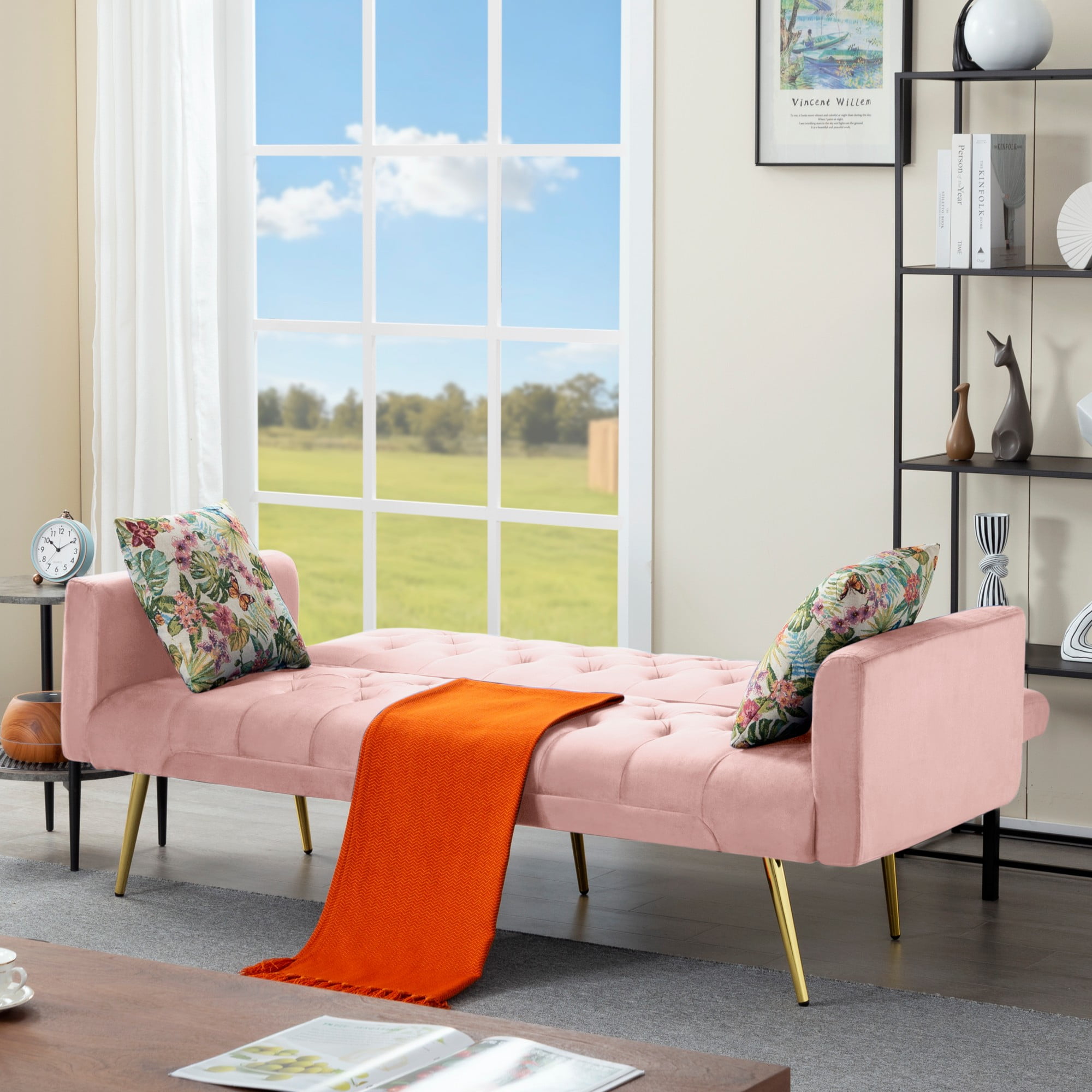 Gewnee Pink 68.31" Futon Sofa Bed, Solid Eucalyptus Wood Frame, Golden Metal Legs, 5 Adjustable Backrest, 2 Pillows for Home Office Guest Room