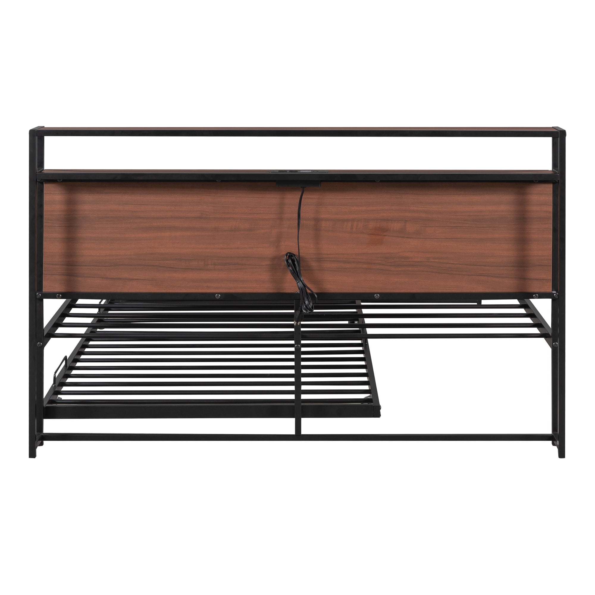 Aukfa Queen Size Metal Bed Frame with Trundle, USB Charging Ports and Storage Headboard, Modern Platform Bed with Wood Accents, Black