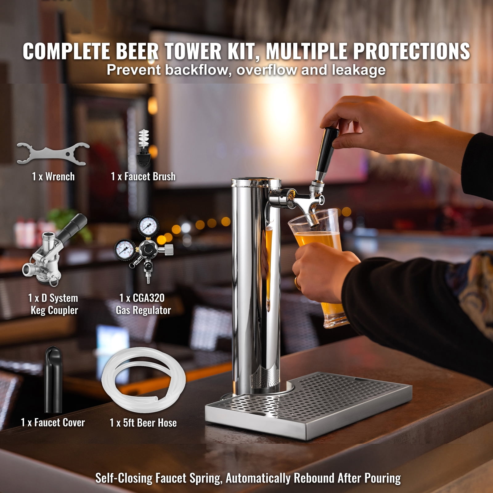 KFFKFF Single Tap Kegerator Tower Kit with Stainless Steel Beer Dispenser, Dual Gauge Regulator, D-System Keg Coupler, and Drip Tray for Home or Party Use
