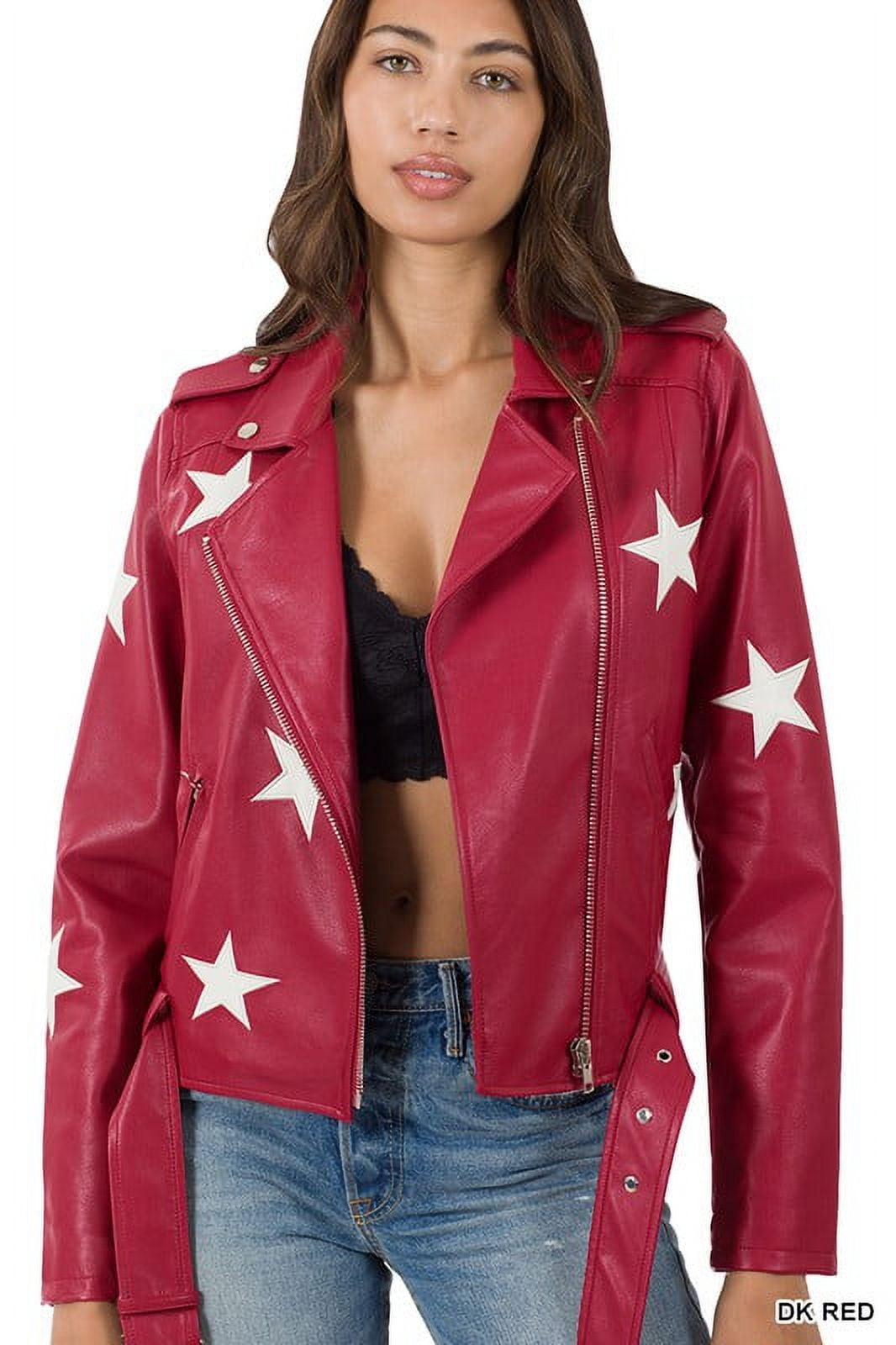 ZENANA Vegan Leather Moto Jacket with Star Patch, Belted ZENANA Vegan Leather Moto Jacket with Star Patch, Belted