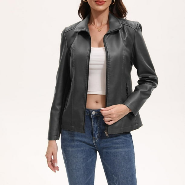 Chaquetas y abrigos de piel sintética de manga larga sin capucha para mujer, color liso, con cremallera, bolsillo, cuello vuelto, cremallera, sin capucha, abrigos de piel sintética para mujer, top de