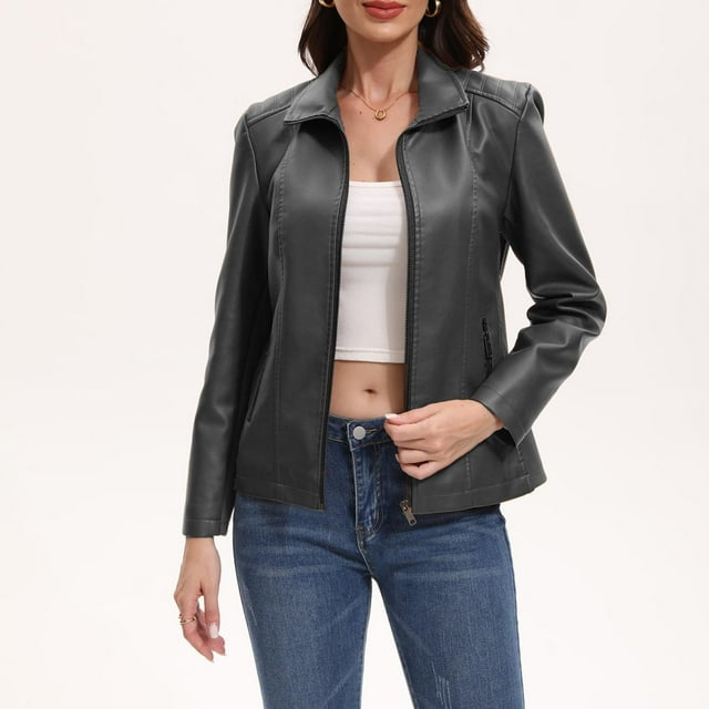 Amzcrzy Veste en Cuir Femme Femme Couleur Unie Fermeture Éclair Poche Manches Longues Col Rabattu Fermeture Éclair Sans Capuche Manteau en Similicuir Vestes pour Femme Hauts à Manches Longues pour Femme Veste pour Femme