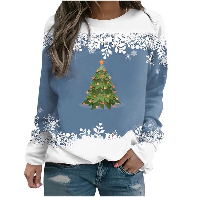 Chandails à Capuchon de Noël pour Femmes, T-shirt Imprimé d'Hiver, Manches Longues, Blouse à Col Rond, Hauts Décontractés, Chandails en Molleton pour Femmes en Liquidation