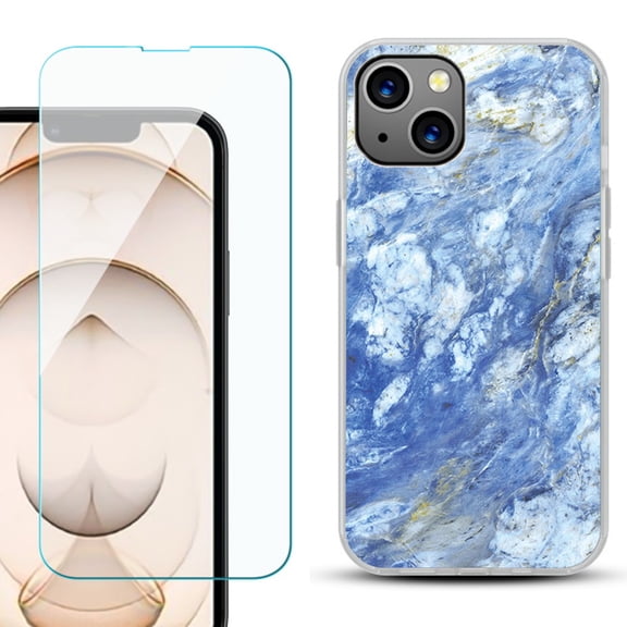 Slim-Fit Flexible TPU Gel Phone Case for iPhone 13, with Tempered Glass Screen Protector, by OneToughShield ® - Marble / Gem Blue