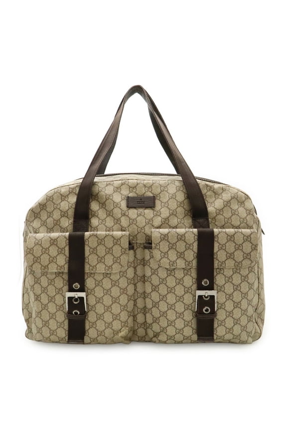 Pre-Owned GUCCI GG Supreme Boston Tote Bag in PVC and Leather, Khaki Beige Dark Brown... (Good)