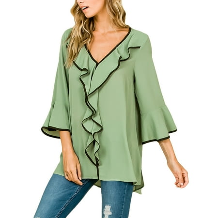 Bare Midriff Top - Women's Sexy V Neck Button Up Bowknot Summer Ruffled Sleeve Midriff-baring Slim Fit Shirts Blouse Tops