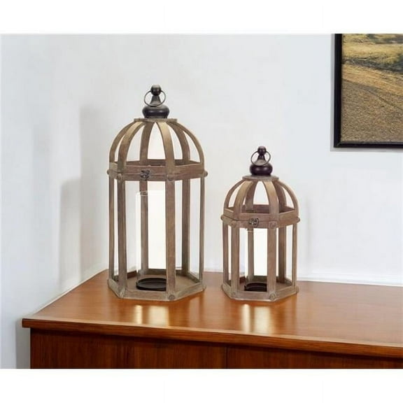 HomeRoots 517576 Brown Wood & Glass Floor Lantern Candle Holders - Set of 2
