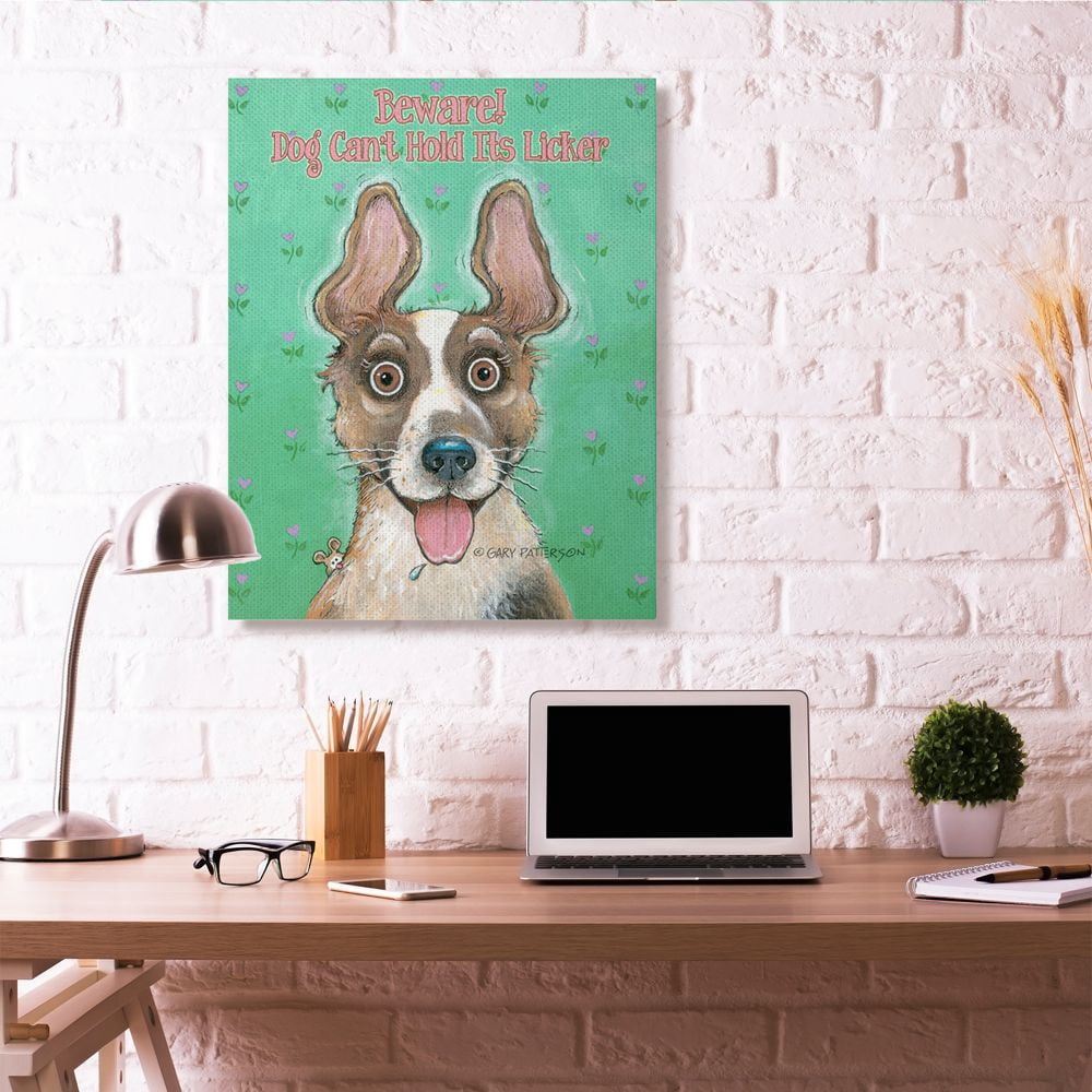 Beware Dog Can't Hold Its Licker Funny Cartoon Pet Design Super Oversized Stretched Canvas Wall Art by Gary Patterson