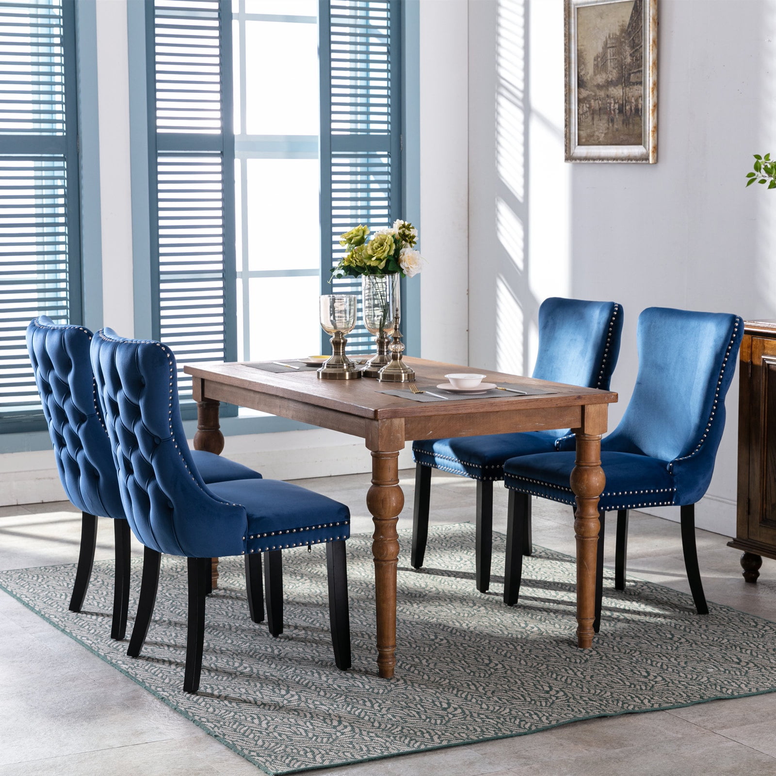 PORKISS Upholstered Dining Chairs Set of 2, Armless Side Chairs with Backstitching Nailhead Trim and Solid Wood Legs, Modern Velvet High Back Chairs, Blue