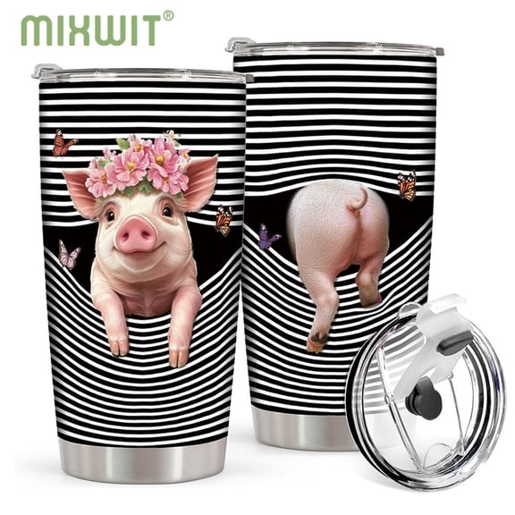 20oz Cute Pig Stainless Steel Insulated Coffee Tumbler with Lid Funny Adorable Pig with Flower Crown & Butterflies Design Striped Coffee Travel Mug Cup Pig Lovers Gifts for Women Birthday Christmas