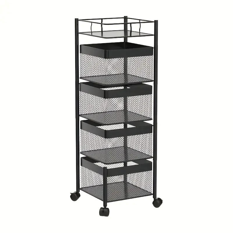 5 Tier Rotating Kitchen Storage Shelf, Metal Fruit Vegetable Storage Basket Multi-Layer Vegetable Rack Storage Trolley on Wheels, Floor-Standing Basket for Kitchen Bathroom, Square