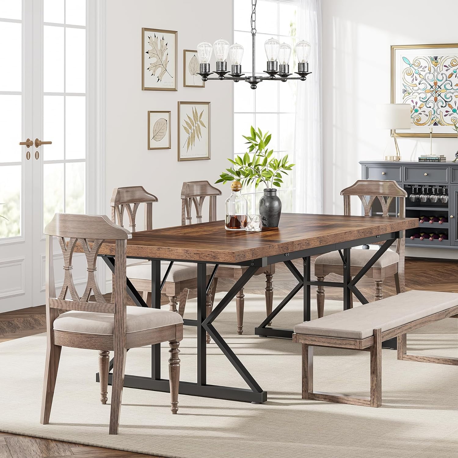 Finmind Farmhouse Dining Table for 6, 71" Rectangular Wood Kitchen Table for Dining Room, Kitchen(Brown/Black)